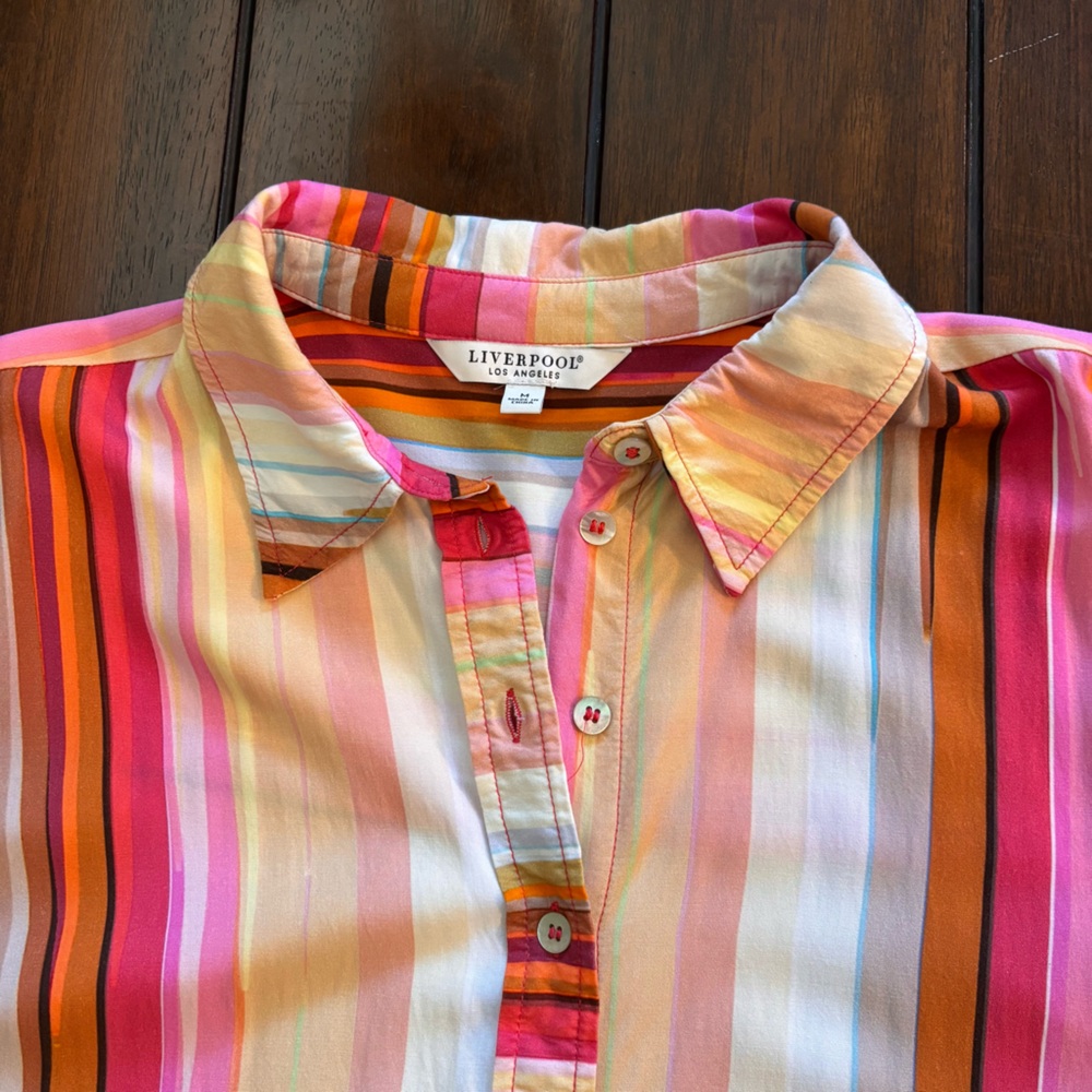Liverpool Los Angeles Berry Blossom Pink & Orange Striped Button Up Shirt Size M - Picture 3 of 8